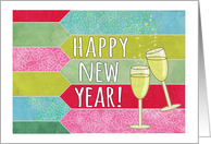Happy New Year with Bubbly Glasses and Colorful Patterns card