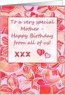 Happy Birthday Mother, from all of us! Peach, red, pink floral pattern card