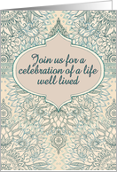 Join us for a celebration of life, taupe, green, cream nature pattern card