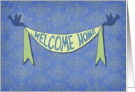 Welcome Home Little Birds with Ribbon Banner and Pattern Background card