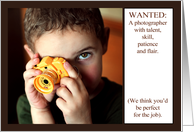 Be our photographer, wedding, child holding toy camera. card
