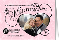 Pink & Black Fancy Floral Scroll Modern Photo Wedding Invitation card