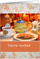 Tea Party Invitation, photo of tea pot, cup and cookies card