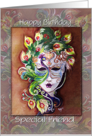 Lady in Mask, Peacock Design, to Friend Birthday card