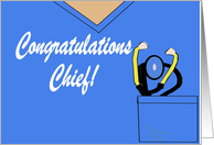 Congratulations, Chief Resident Neurosurgy, Blue Scrubs and stethoscope. card