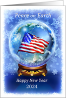 Patriotic New Year 2024 Peace on Earth American Flag in Snow Globe card