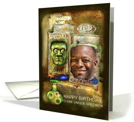 Funny Happy Birthday to Specimen, Creepy Head in Jar Photo card