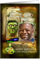 Funny Happy Birthday to Specimen, Creepy Head in Jar Photo Card