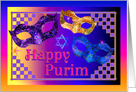 Happy Purim Masks and Star of David for Feast of Esther card