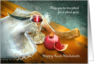 Happy Rosh Hashanah, Shofar with Wine Cup and Pomegranate card