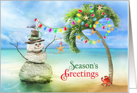 Tropical Beach Christmas Season’s Greetings Snowman Palm Tree card