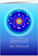 Bar Mitzvah Invitation, Star of David in Aqua Sphere of Lights card