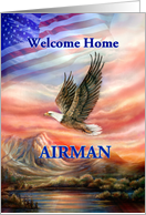 Airman Welcome Home Flying Eagle and Flag Sunset card