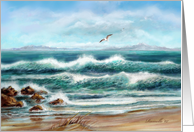 Blue and Aqua Ocean Waves and Seagulls Seascape Blank card