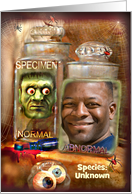 Creepy Specimen in Jar, Funny Halloween Photo Card for Zombie card