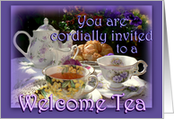 Welcome to the Neighborhood Invitation, Vintage Teapot and Teacups card