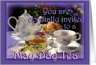 May Day Tea Invitation, Vintage Tea Pot, Cups and Saucers card