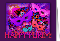 Happy Purim Jewish Stars with Masks Stars and Dice for Purim card
