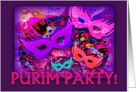 Purim Party Invitation, Purple Mask, Stars and Dice card