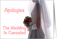 Wedding cancellation apology, white, pink, bride with bouquet alone, card