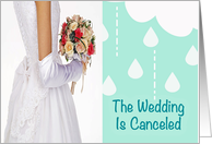 Wedding canceled, bride, raindrops, mint, white, bouquet, card