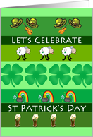 St Patrick’s Day celebration invitation, green, shamrocks, fiddles, card