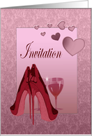 Party Invitation with Red Stiletto Shoes Art and Pink Hearts Card