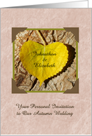 Autumn Themed Wedding Invitation, Yellow Heart Shaped Leaf card