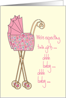 Announcement We’re expecting twin girls with pink strollers card