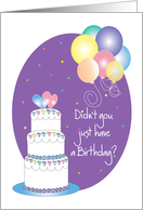 Belated Birthday, with Tiered Cake and Colorful Balloons card