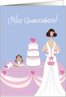 Feliz Quinceaera Birthday with Gown, Cake, High Heels and Doll card