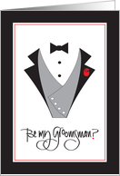 Hand Lettered Invitation for Groomsman Tuxedo Vest and Red Rose card