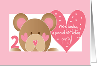 Invitation for 2nd Birthday Party with Teddy Bear and Pink Hearts card
