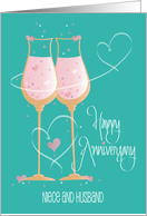Anniversary for Niece and Husband, Teal Champagne glasses & Hearts card
