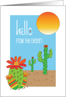 Hello from The Desert with Flowering Cactus and Saguaros in Sunlight card