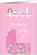 Invitation for Baby Girl Dedication Pink Floral Bassinette and Toys card