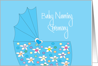 Hand Lettered Invitation for Baby Boy Naming Ceremony Blue Bassinette card
