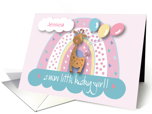 Announcement of New Baby Daughter Giraffe Rainbow and Custom Name card