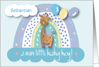 Announcement of New Baby Son Giraffe and Rainbow with Custom Name card