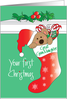 First Christmas for Great Granddaughter, Bear and Gifts in Stocking card