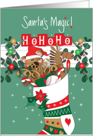 Santa’s Magic for Child’s Christmas, Toys in Decorated Stocking card