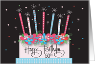 Hand Lettered Birthday for 50 Year Old, Floral Cake & Flaring Candles card