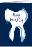 Happy Dentist Day, Gleaming White Tooth with Sparkles on Blue card