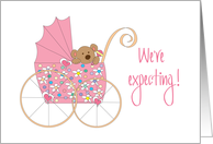 We’re expecting Announcement for Girl, Bear in Pink Floral Stroller card