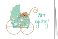 We’re expecting Announcement, Bear in Mint Green Floral Stroller card