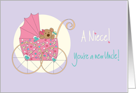 Becoming an Uncle for new baby Niece, Bear in Pink Stroller card