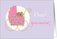 Becoming an Aunt for new Niece, Bear in Pink Floral Stroller card