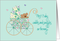 Congratulations for Expecting First Baby, Bear in Floral Stroller card