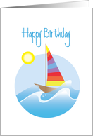 Birthday with Striped Colorful Sailboat, Rolling Waves & Sun card