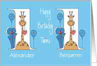 First Birthday for Twins, Two Boys with Giraffes, Balloons & Gifts card